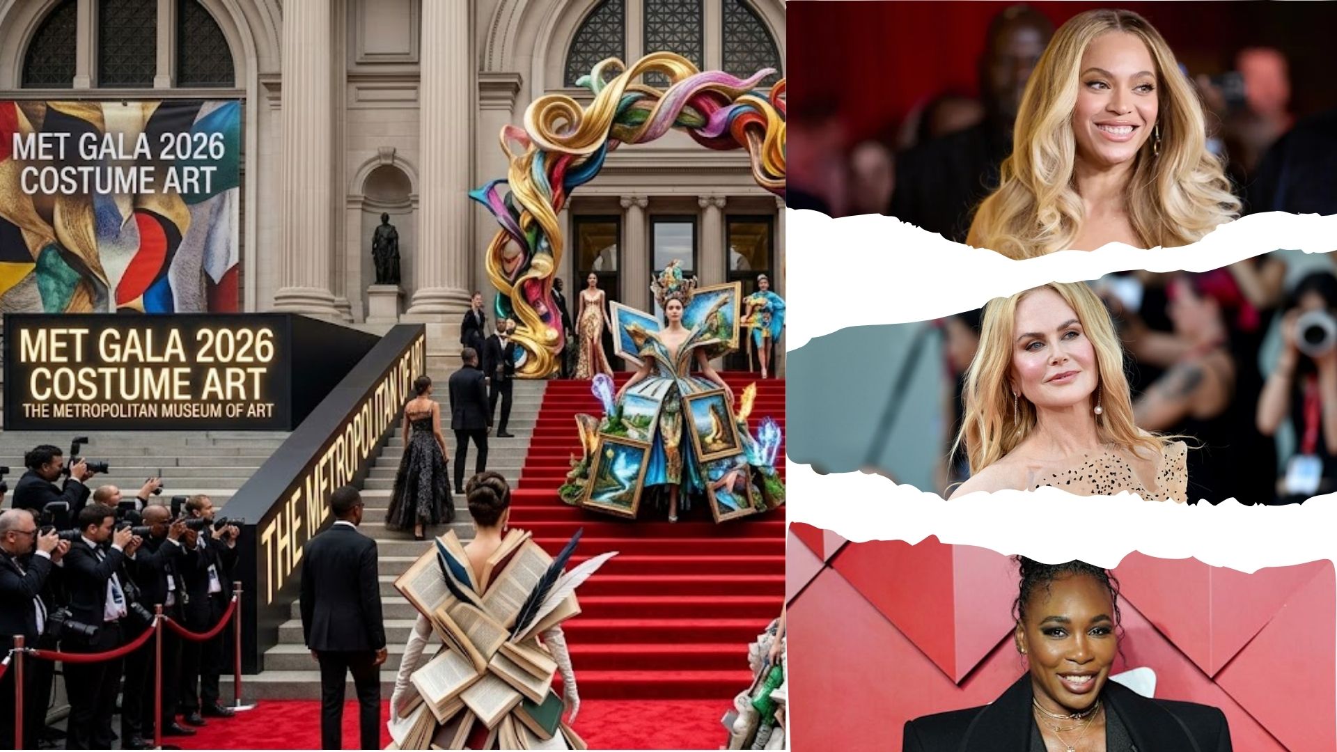 Alfombra roja de la Met Gala 2026 bajo la temática “Costume Art”. Foto: Canva edit. Alfombra roja de la Met Gala 2026 bajo la temática “Costume Art”. Foto: Canva edit.