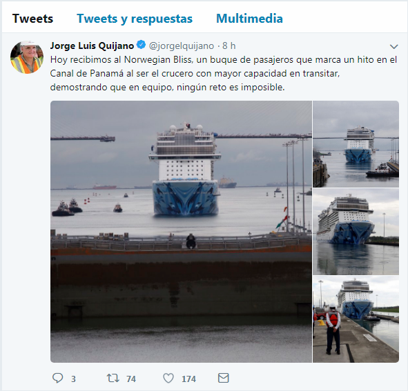 El administrador de la ACP, Jorge Luis Quijano, señaló en su cuenta de Twitter que el evento representaba un hito para el Canal de Panamá