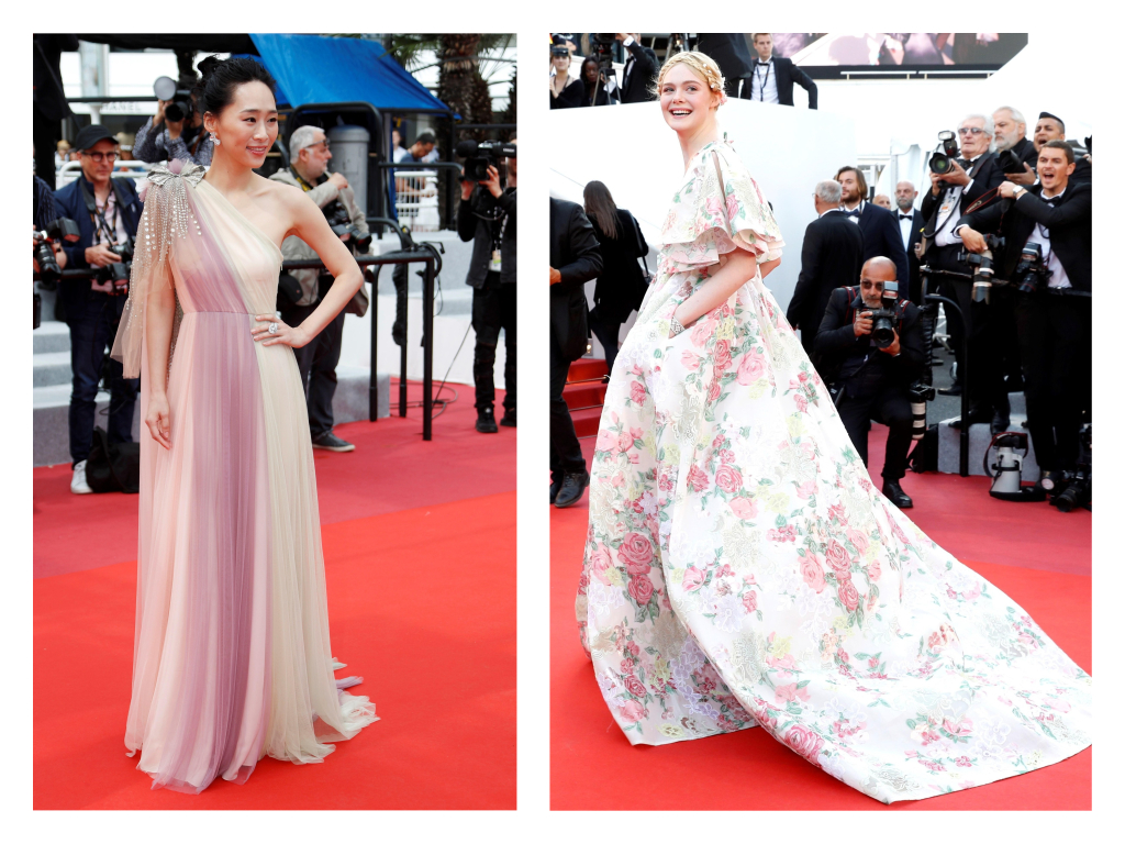 La actriz Wu Ke Xi, en un traje vaporoso  'one sholuder', y Elle Fanning en un vestido estampado de Valentino.